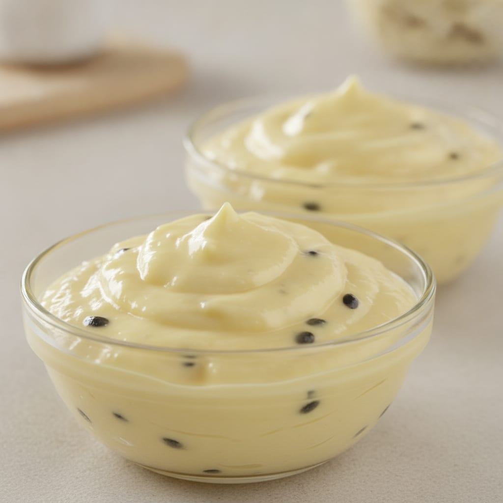 Creme espesso e firme de maracujá em tom amarelo-claro com sementes pretas salpicadas, servido em tigela de vidro.