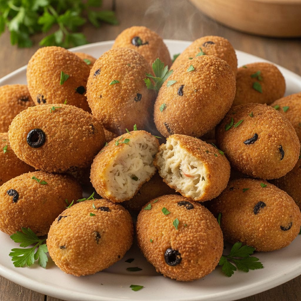 Vários bolinhos de bacalhau fritos e dourados, contendo azeitonas pretas e salsa picada, dispostos sobre uma travessa.