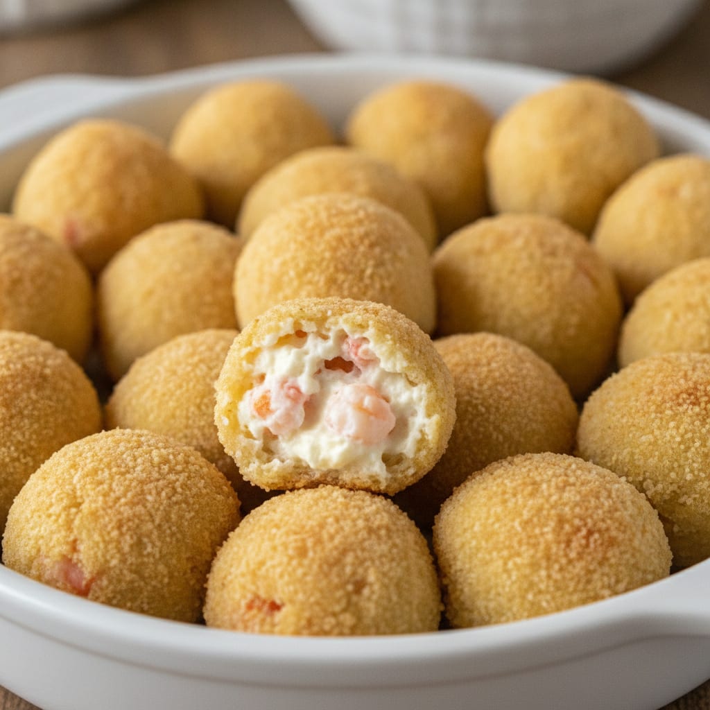 Bites de camarão e queijo em formato arredondado, com crosta dourada e crocante, dispostos sobre uma travessa.
