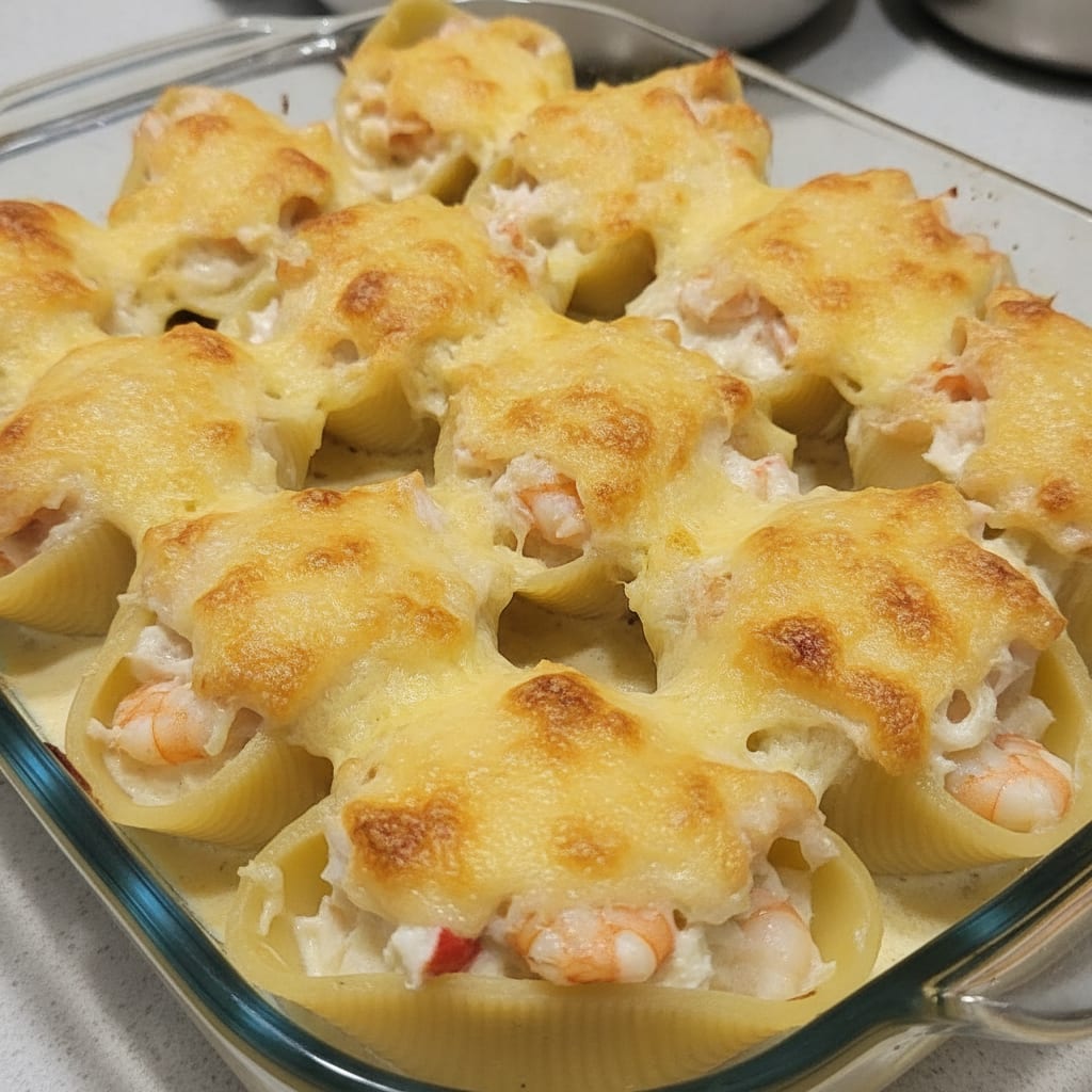 Conchas de massa jumbo recheadas com creme de camarão e caranguejo, cobertas por queijo parmesão gratinado e dourado dentro de uma assadeira.