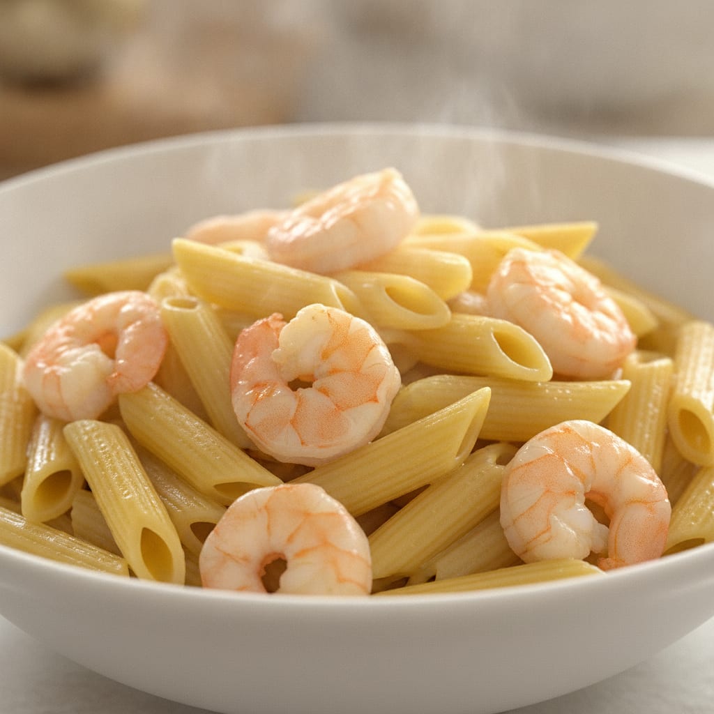 Massa penne envolvida em molho brilhante e misturada com camarões grandes e rosados em um prato fundo branco.