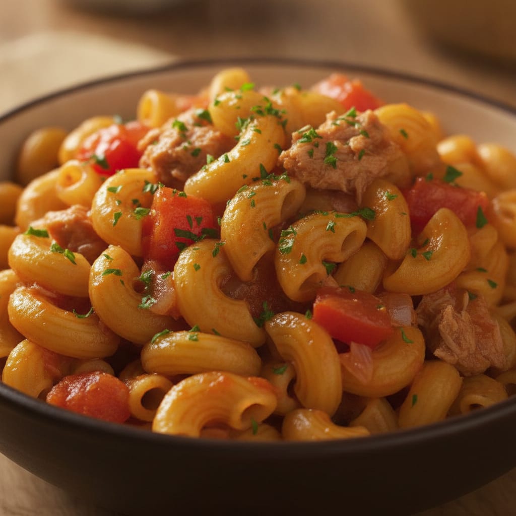 Massa cotovelo misturada com atum desfiatado, pedaços de tomate amolecido, cebola, alho e polvilhada com salsinha fresca em um prato fundo.