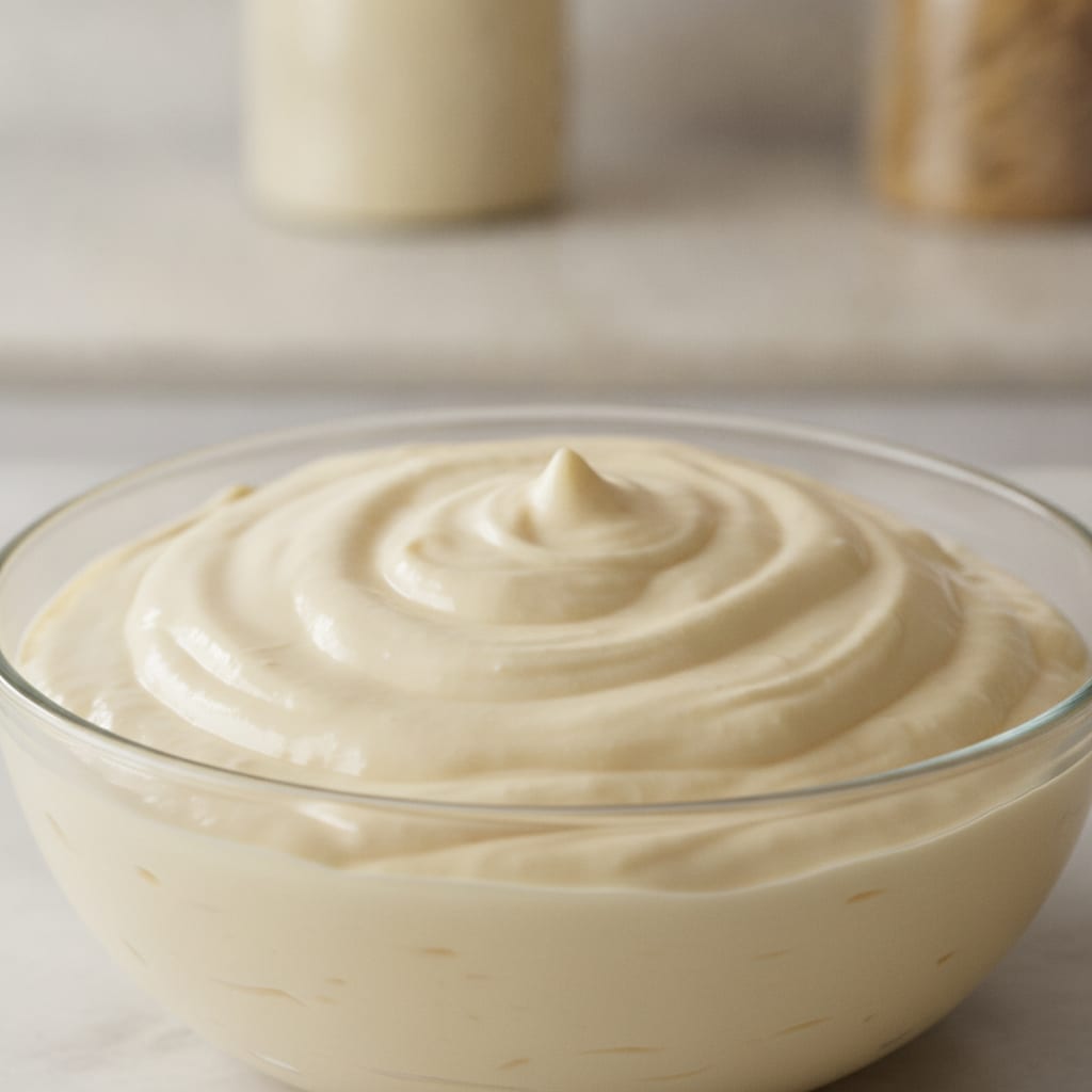 Tigela de vidro com recheio denso e aveludado de tom creme claro, feito de chocolate branco e leite em pó.