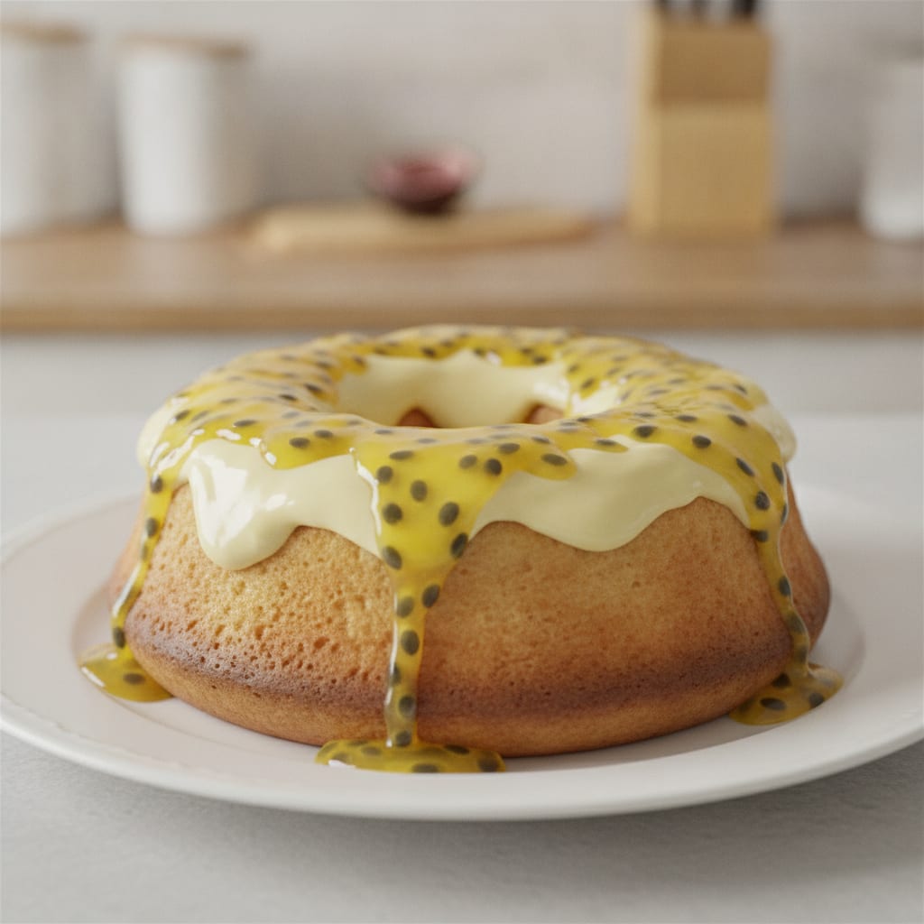Bolo com furo no meio coberto por creme claro e calda brilhante de maracujá com sementes escorrendo pelas laterais.