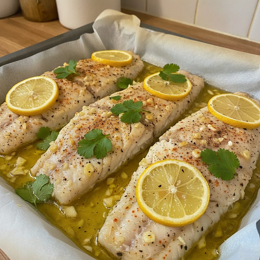 Filés de peixe branco assados e regados com manteiga, cobertos por alho picado, temperos, rodelas de limão e salsa fresca.