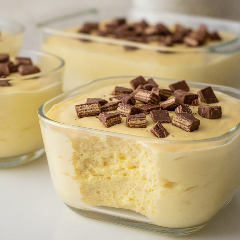 Mousse de maracujá cremosa de cor amarelo-clara servida em recipiente de vidro e coberta com pedaços picados de chocolate Bis.