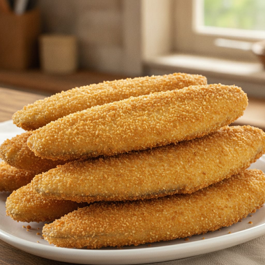 Filés de peixe empanados e fritos, com crosta dourada e crocante, dispostos sobre uma travessa.
