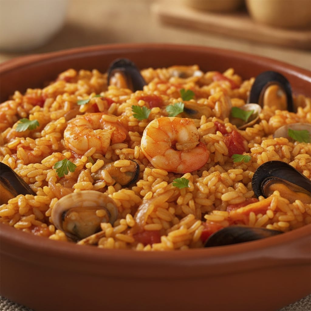 Arroz de tom avermelhado misturado com camarões, mexilhões e amêijoas, salpicado com salsa fresca picada.