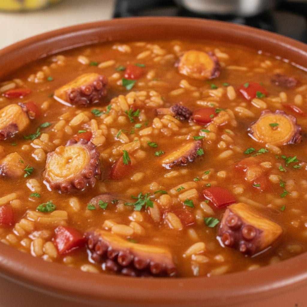 Arroz caldoso avermelhado servido com pedaços de polvo arroxeado, pimentão vermelho em cubos e salsa fresca polvilhada.