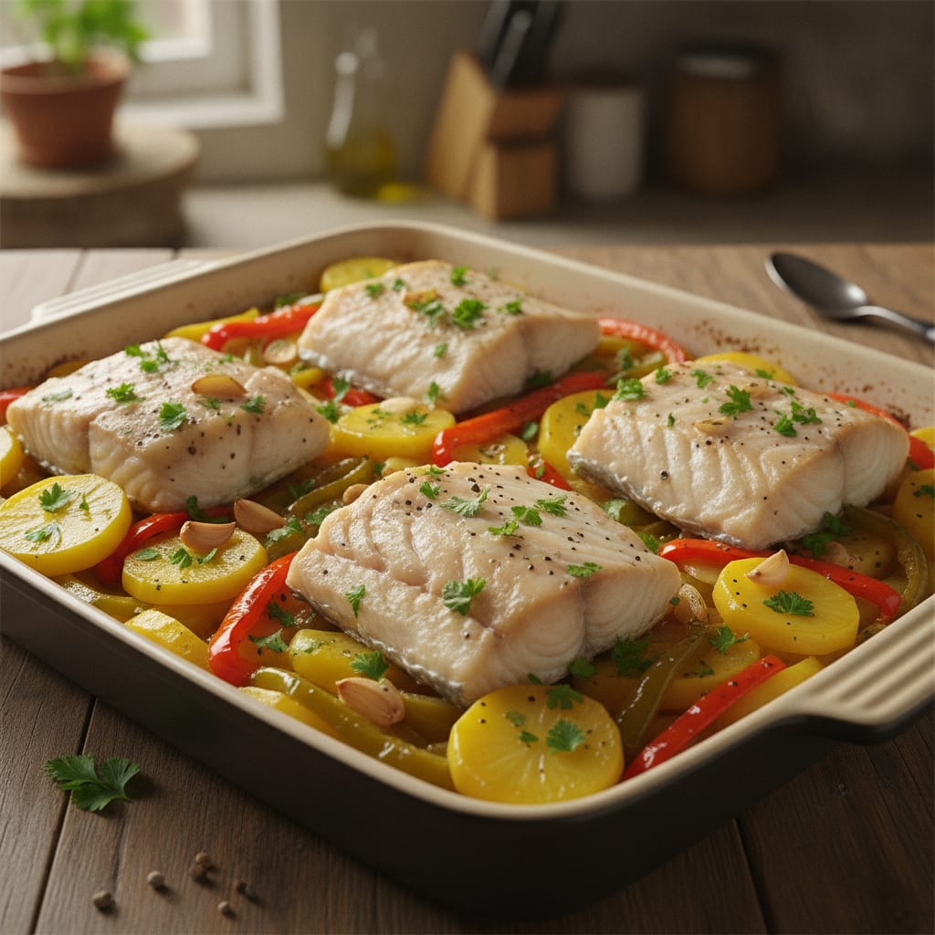 Postas de bacalhau assado dispostas sobre batatas, tiras de pimentão vermelho e verde, dentes de alho e salsa fresca em uma travessa refratária.