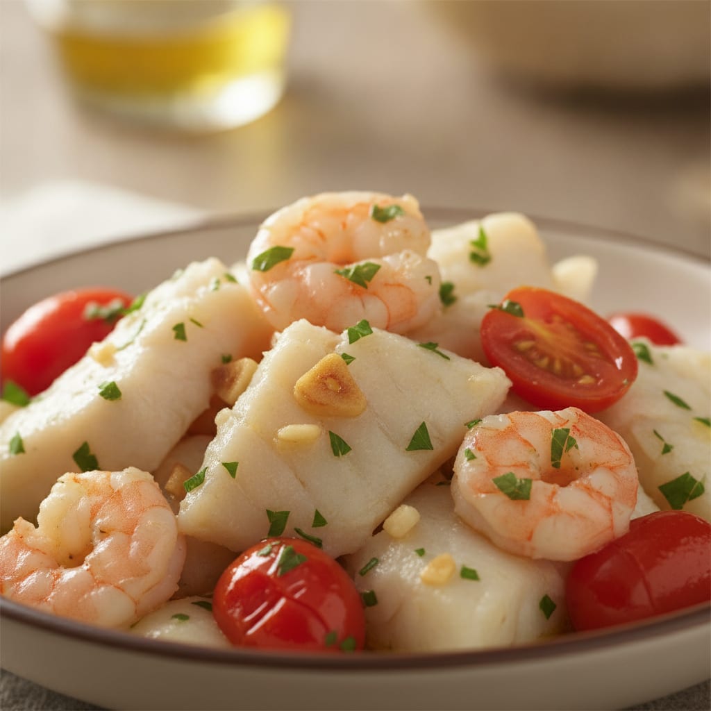 Lascas de bacalhau fresco salteadas com camarões rosados, tomates-cereja fatiados e salsinha fresca polvilhada.