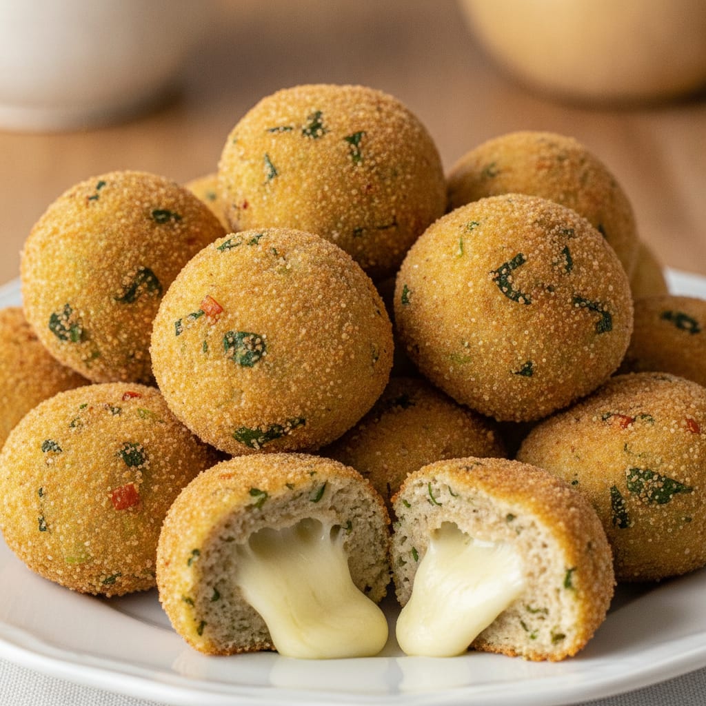 Porção de bolinhos arredondados de espinafre e queijo, com casca dourada e crocante pontilhada por pequenos pedaços de vegetais.