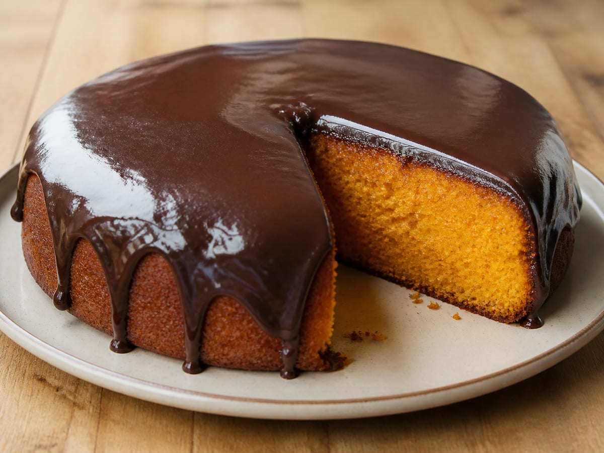 Bolo de cenoura brasileiro com cobertura de chocolate, cortado para mostrar a massa alaranjada e ?mida.