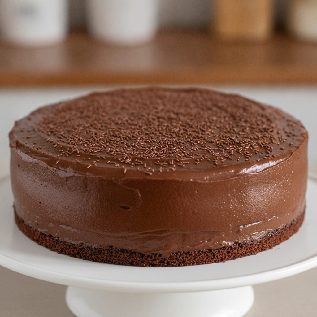 Bolo coberto por brigadeiro cremoso de tom marrom-escuro e superfície brilhante, totalmente salpicado com chocolate granulado.