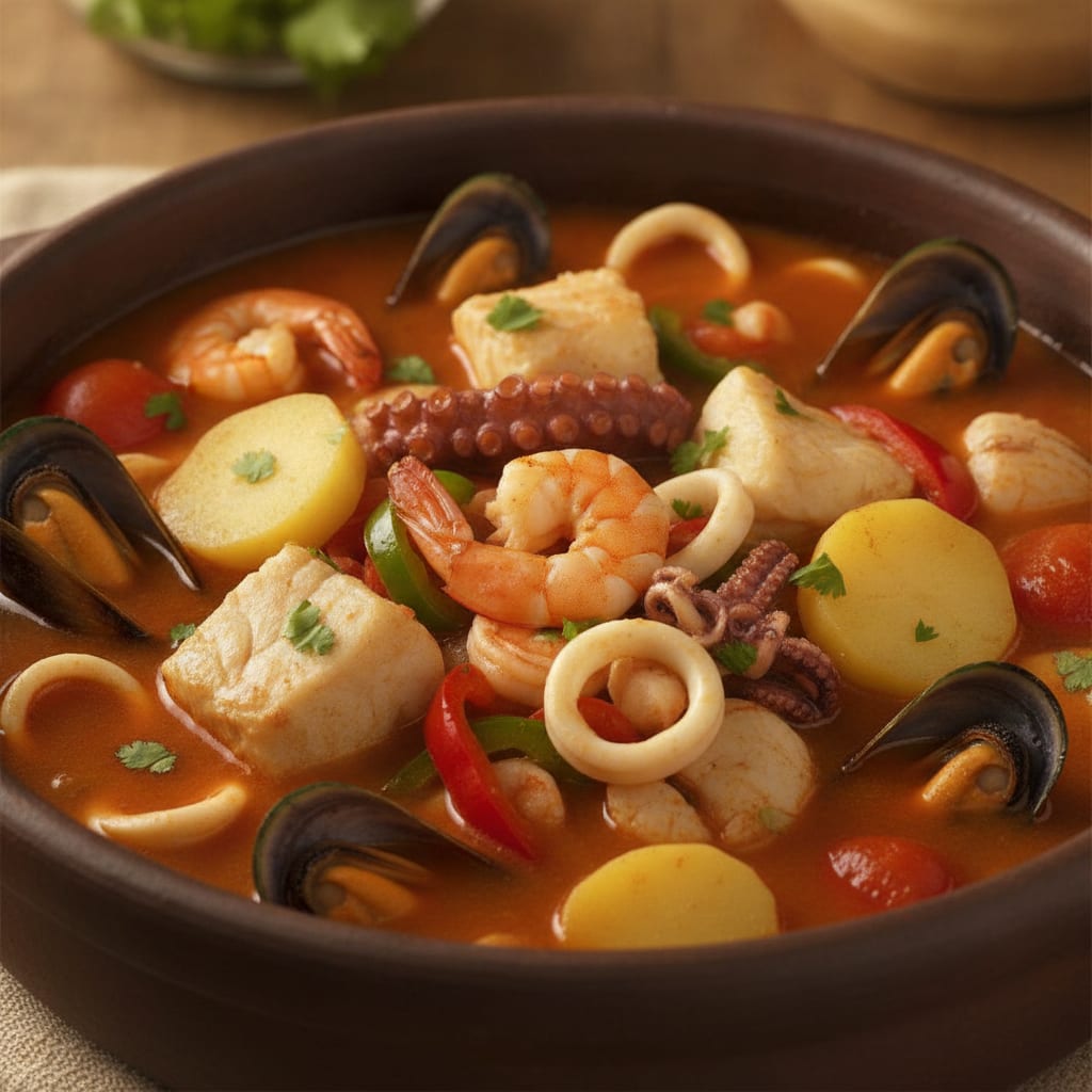 Caldeirada de frutos do mar com camarões, mexilhões em conchas, peixe e batatas em um caldo alaranjado polvilhado com coentro.