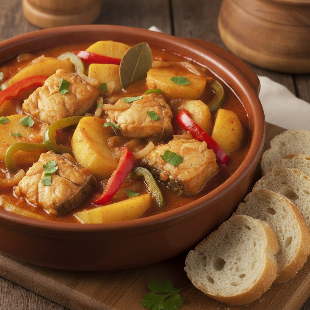 Caldeirada de tamboril com pedaços de peixe opacos, batatas em rodelas e tiras de pimentão em molho espesso de tomate, polvilhada com ervas frescas.