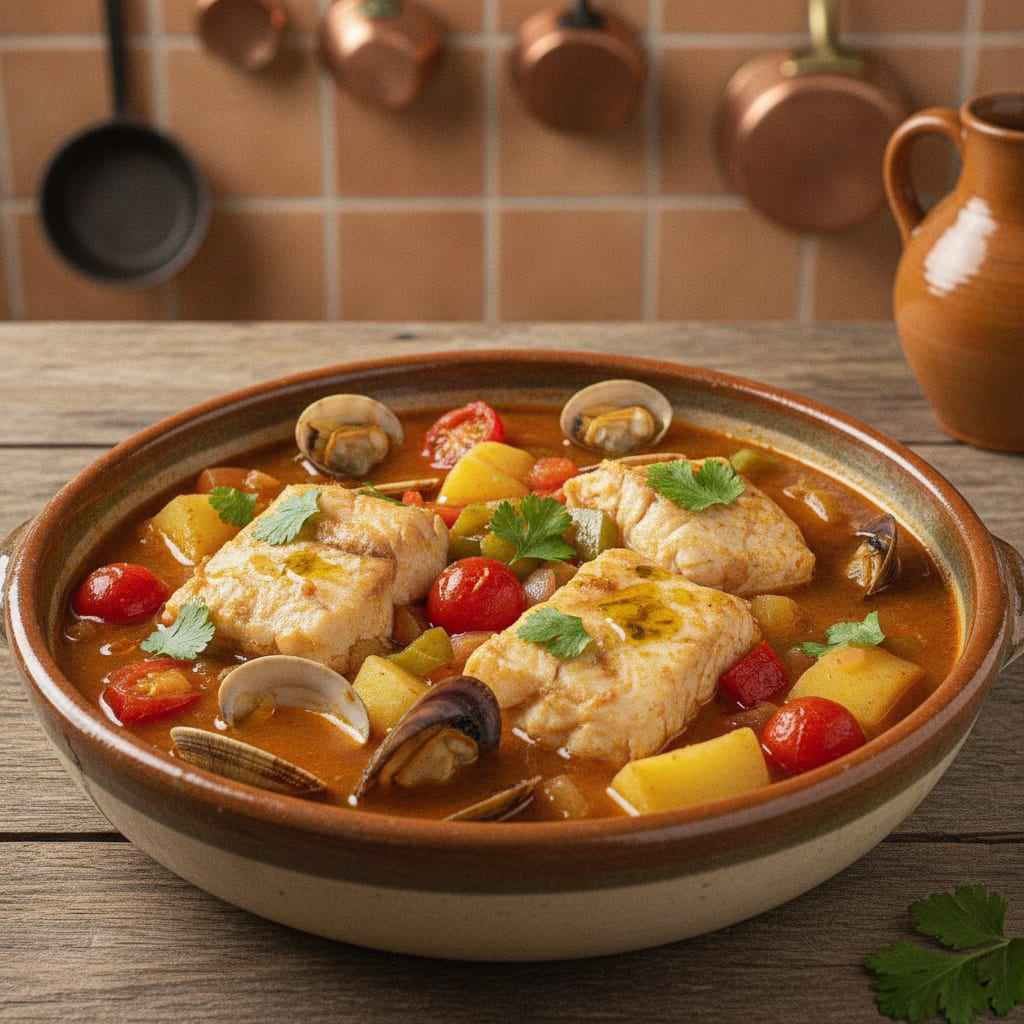 Caldeirada de Tamboril: Uma Receita Tradicional Portuguesa 🐟🍲 pronto para servir