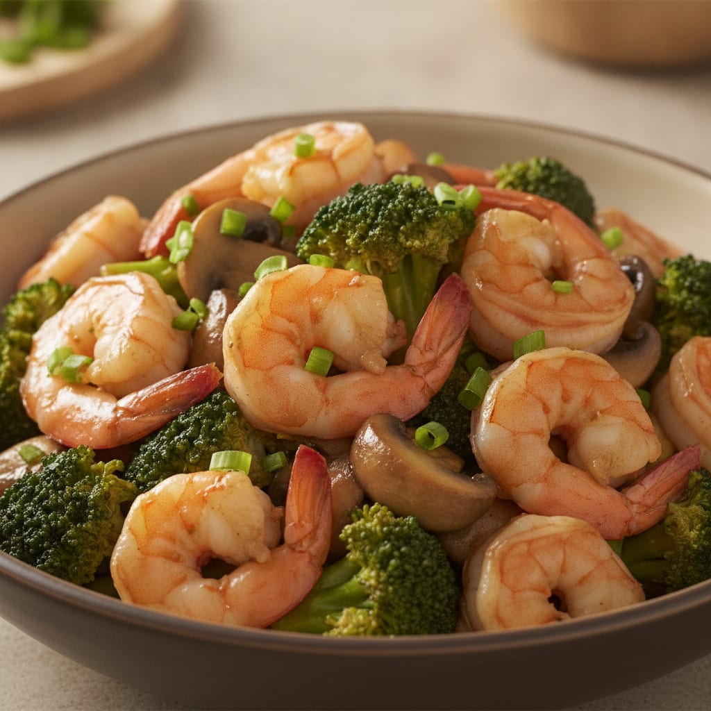 Camarões rosados curvados misturados com floretes de brócolis verdes e cogumelos, envolvidos em molho escuro e brilhante com cebolinha picada por cima.