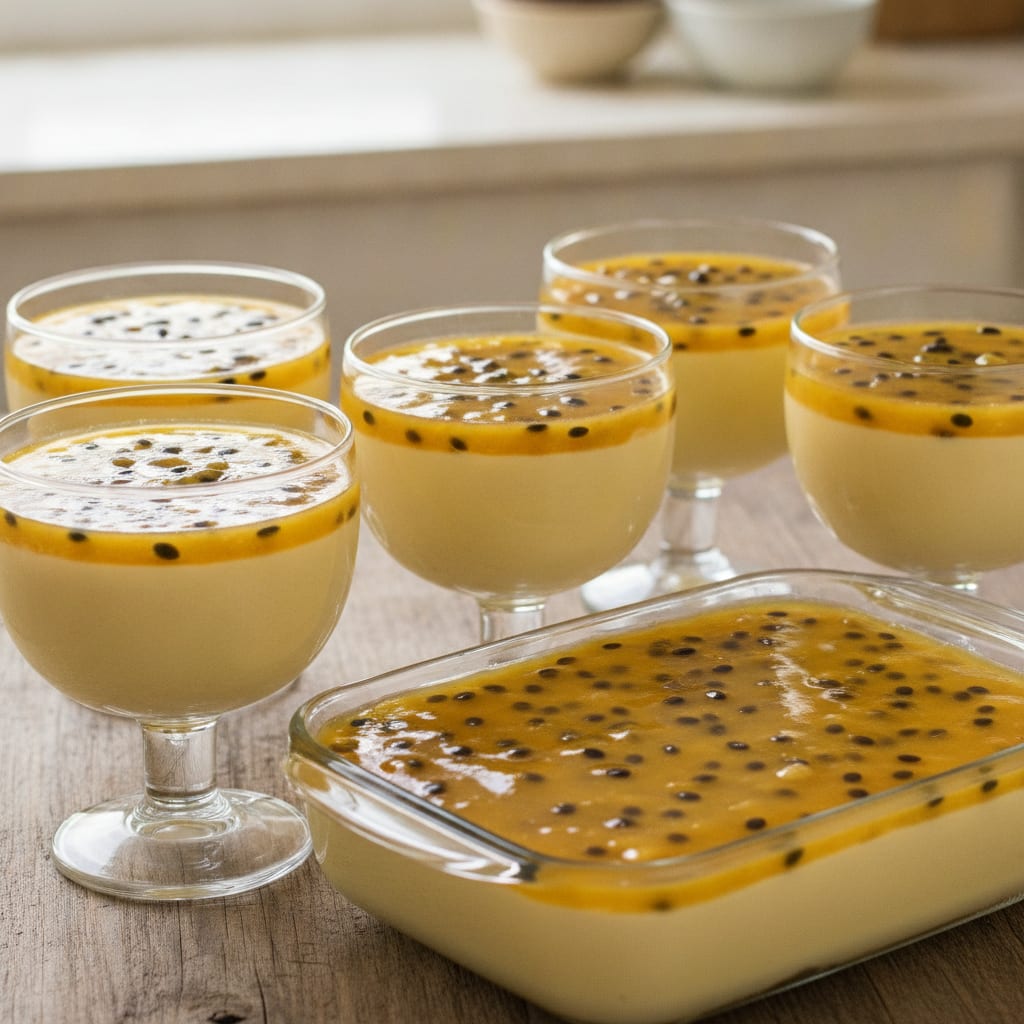 Mousse amarela de maracujá com textura firme, coberta por geleia brilhante contendo sementes escuras da fruta.