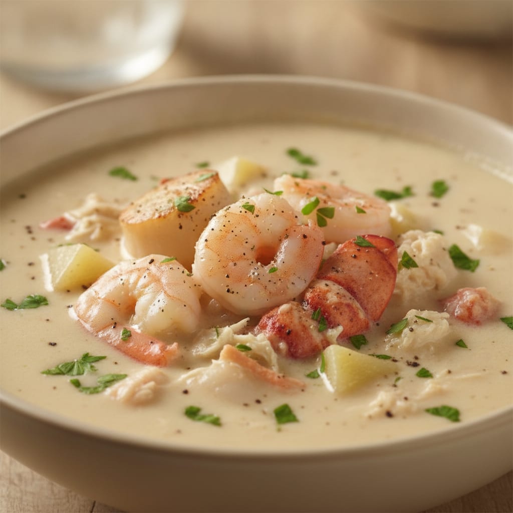 Tigela com sopa cremosa clara contendo camarões rosados, vieiras, pedaços de lagosta e batata, salpicada com salsinha picada.