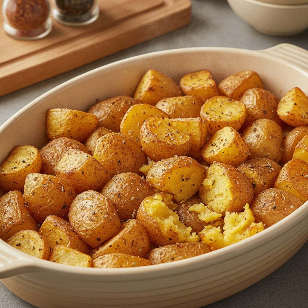 Pedaços de batata assada com crosta dourada e temperada com páprica e orégano dispostos em uma travessa.