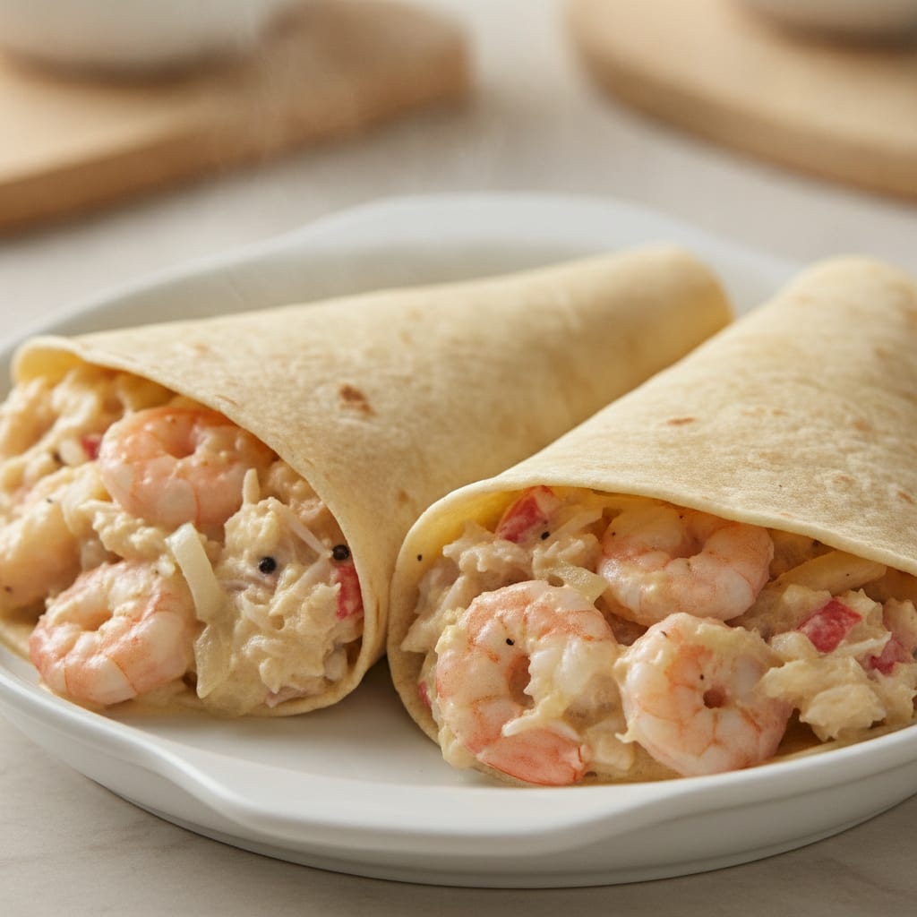 Quesadillas de farinha dobradas e recheadas com carne de caranguejo desfiada, camarões rosados e molho cremoso em um prato raso branco.