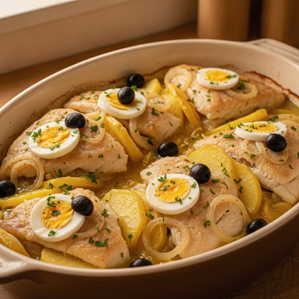 Bacalhau em lascas e batatas fatiadas em refratário, cobertos com cebolas douradas, rodelas de ovo cozido, azeitonas e salsa.
