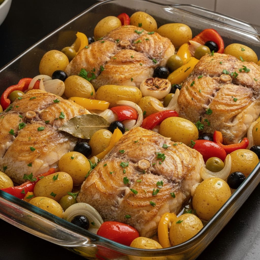 Postas de bacalhau assado dourado acompanhadas de batatas pequenas com casca, pimentões vermelhos e amarelos, cebola, azeitonas e salsinha fresca em uma assadeira.