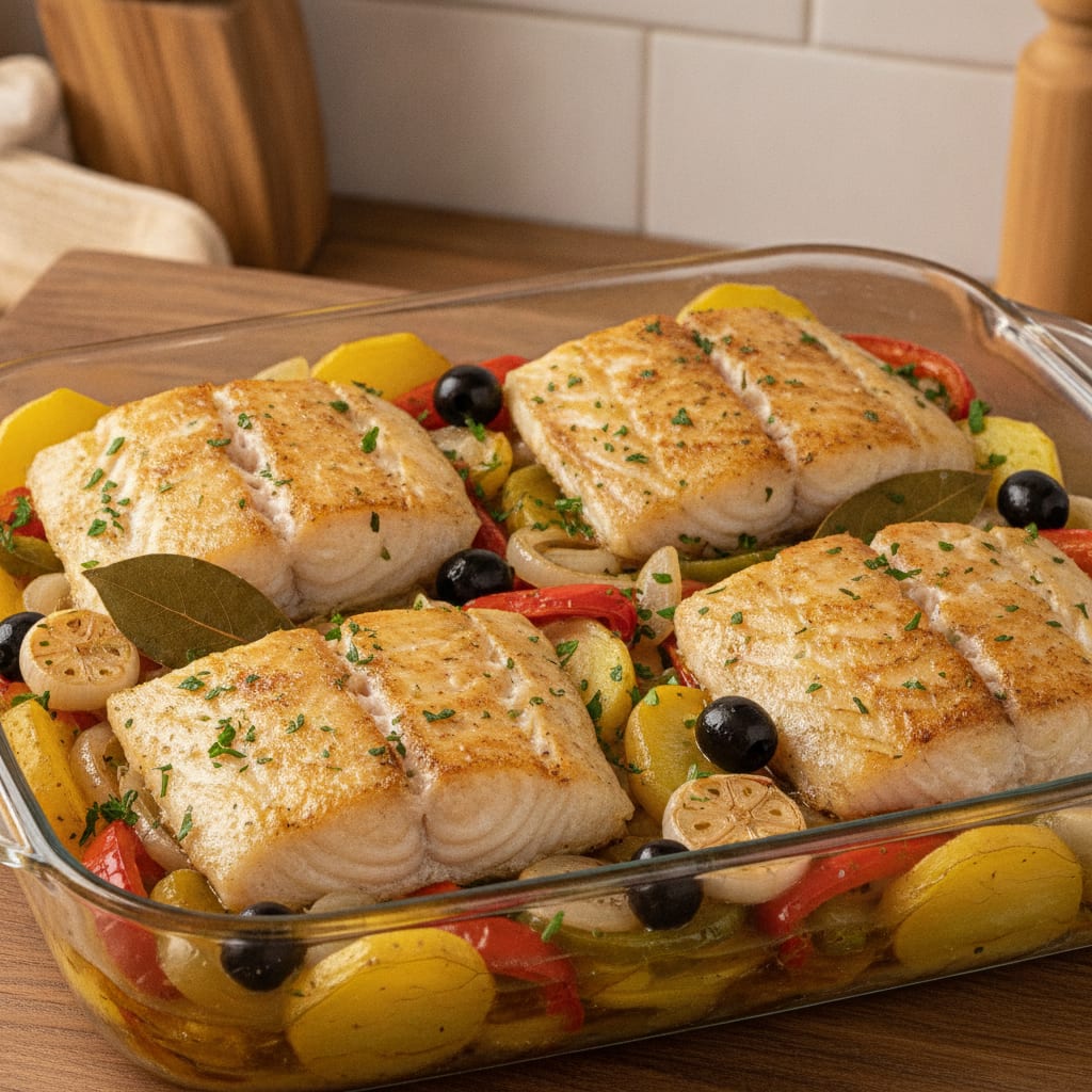 Postas de bacalhau assadas no forno acompanhadas de batatas, pimentões, cebola, azeitonas pretas e ervas frescas em uma travessa.