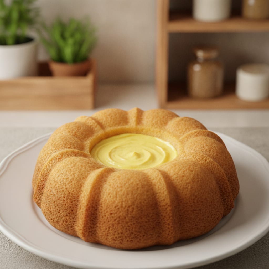 Bolo piscina com creme denso e amarelado de maracujá preenchendo a cavidade rebaixada do bolo.