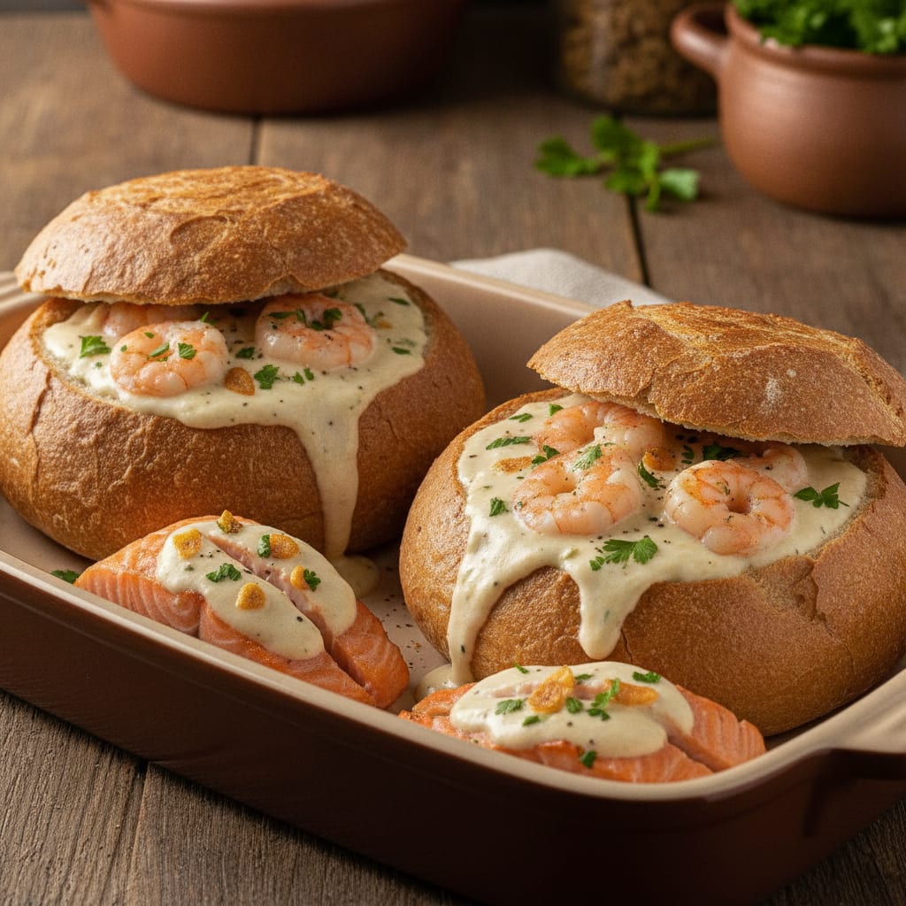Filés de salmão assados recheados com molho cremoso de camarão e salpicados de salsinha, dispostos em uma assadeira ao lado de um pão italiano redondo.