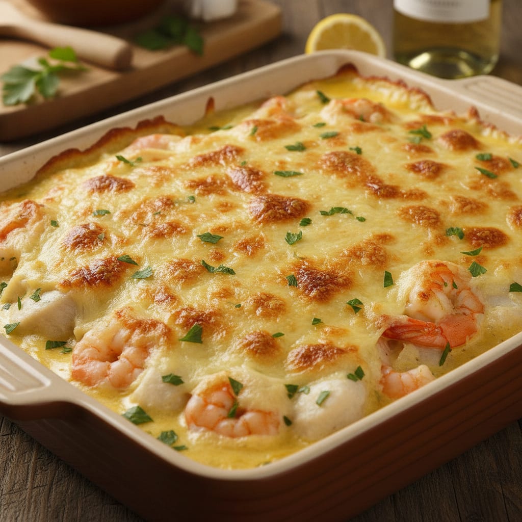 Prato de peixe gratinado ao forno com molho branco cremoso e cobertura de queijo dourado salpicado com salsinha em um refratário.