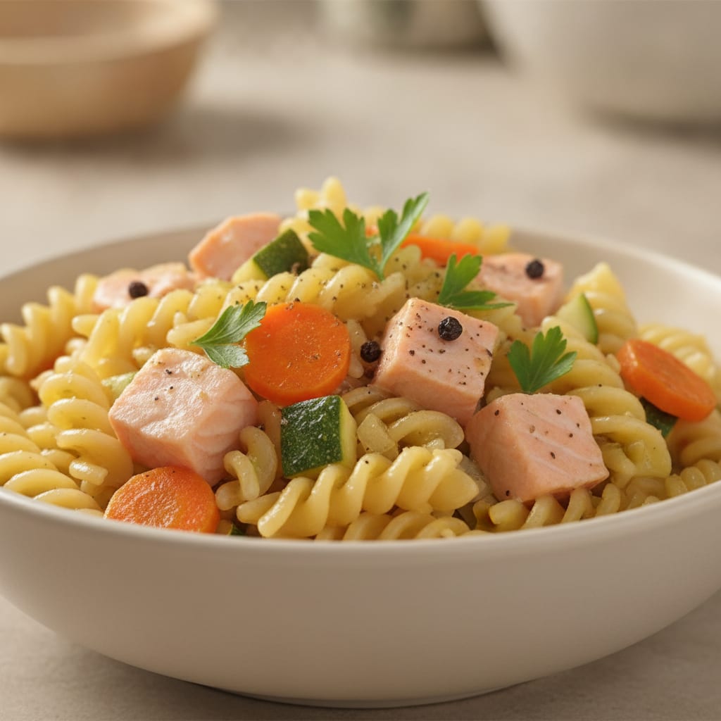 Prato fundo com massa fusilli envolta em azeite, acompanhada de cubos de salmão rosa-claro, rodelas de cenoura, abobrinha e salsinha picada.