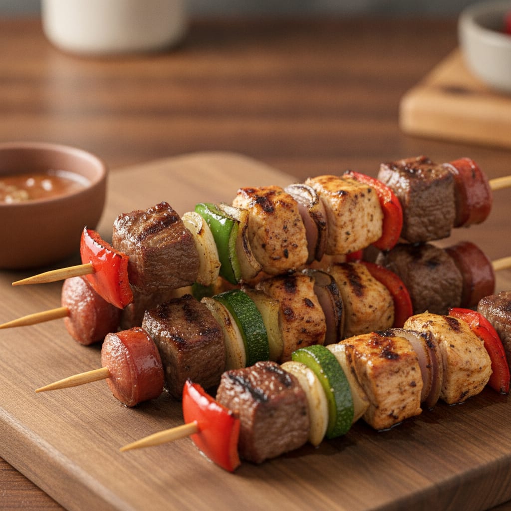 Espetinhos de churrasco grelhados com carnes variadas, linguiça e vegetais coloridos dispostos em uma tábua.