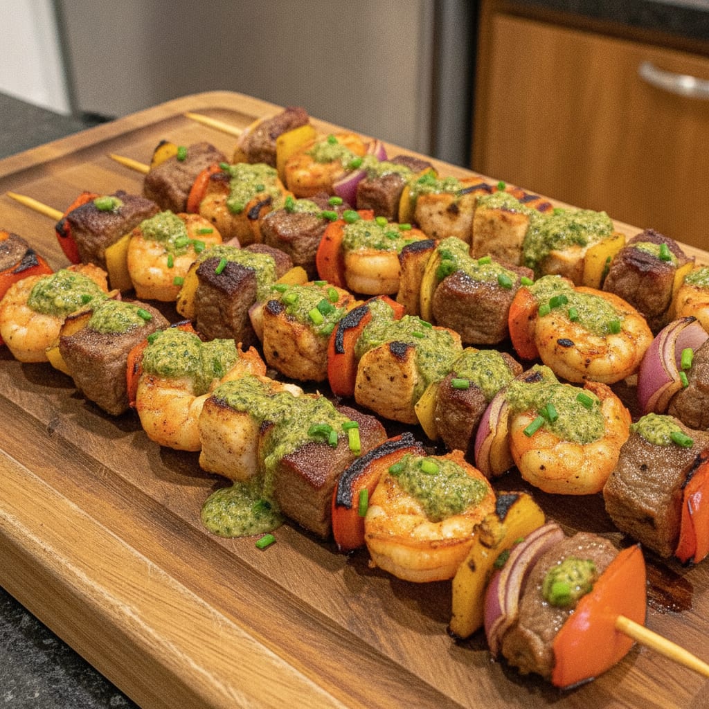 Espetinhos grelhados com carne bovina, frango, camarão, cebola e pimentão, regados por um molho verde de ervas.