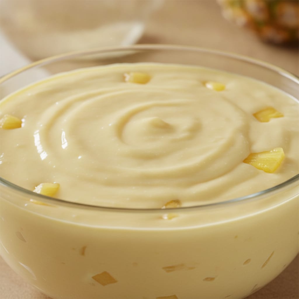 Recheio cremoso e espesso de abacaxi em tom amarelo-claro com pedaços de fruta, disposto em uma tigela de vidro.