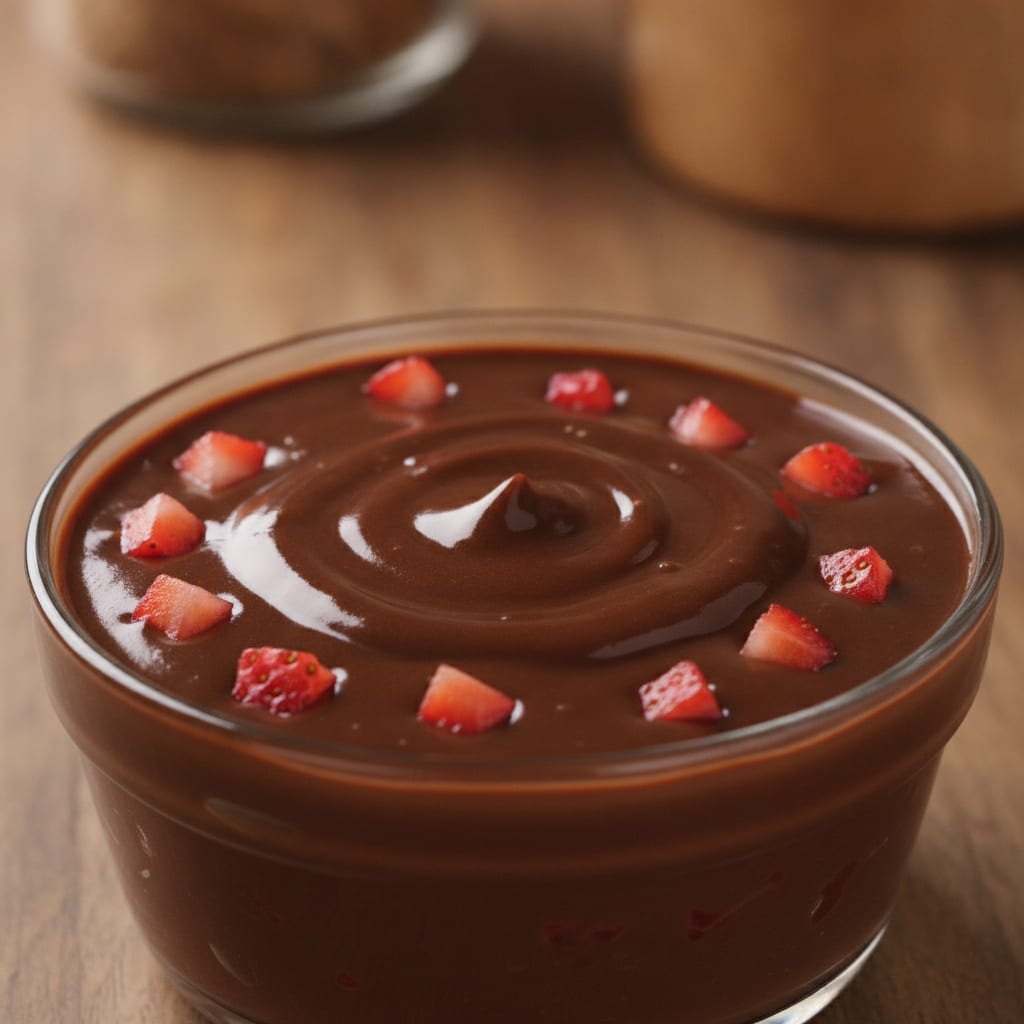 Creme denso de chocolate marrom-escuro e brilhante misturado com pequenos pedaços de morango em uma tigela.