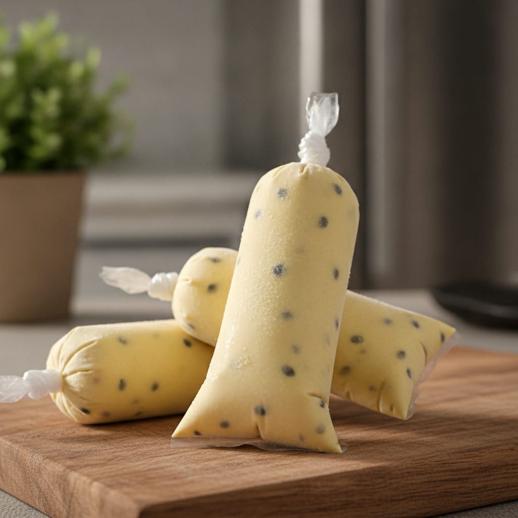 Geladinho em saquinho plástico transparente com creme amarelo-claro e sementes escuras de maracujá visíveis na massa congelada.