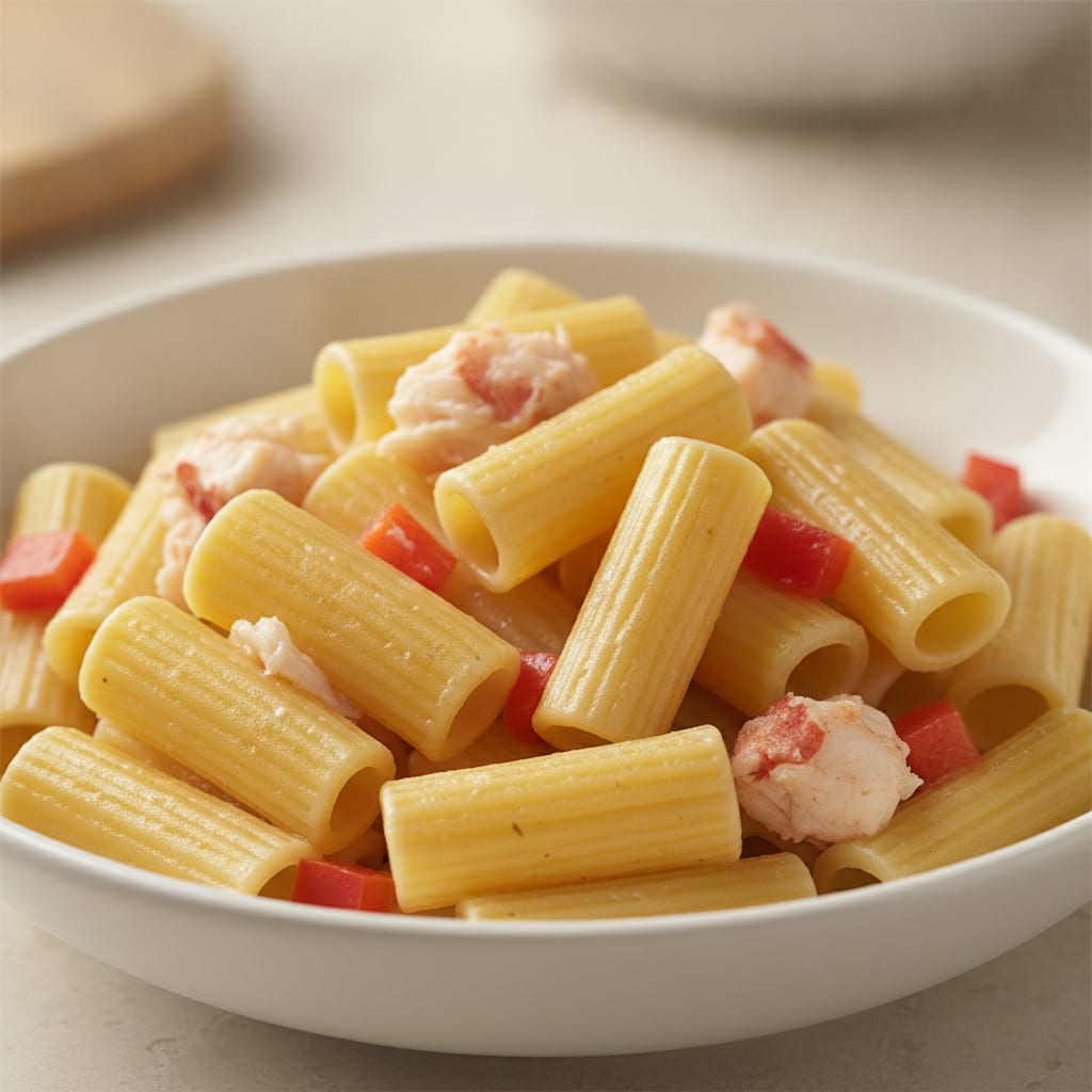 Massa rigatoni misturada com pedaços de carne de lagosta e pimentão vermelho picado servida em um prato fundo de cerâmica branca.