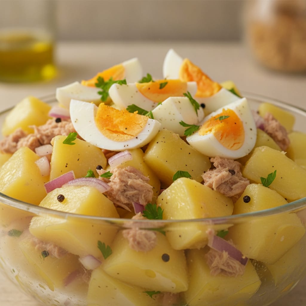 Salada de batatas em cubos misturada com atum e cebola, decorada no topo com ovos cozidos fatiados e salsa fresca picada.