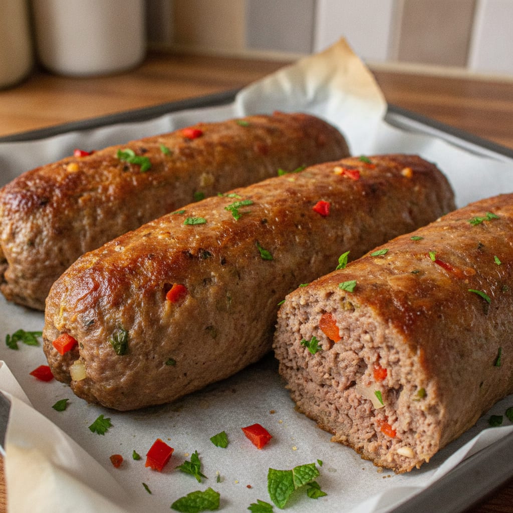 Três kebabs de carne moída assados de formato cilíndrico, com superfície dourada e brilhante e pedaços visíveis de pimentão e ervas.