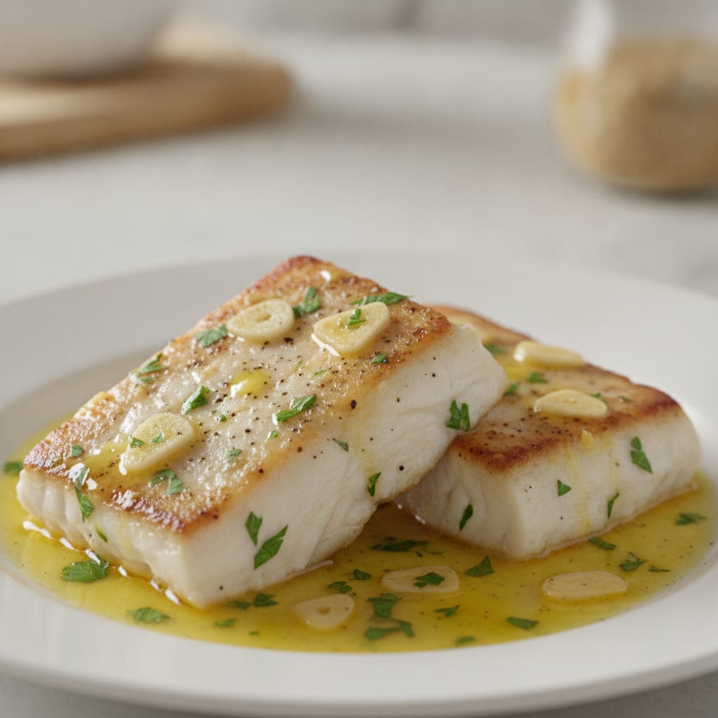 Lombos de peixe levemente dourados cobertos por molho amarelado de manteiga com alho e salsa picada em um prato branco.