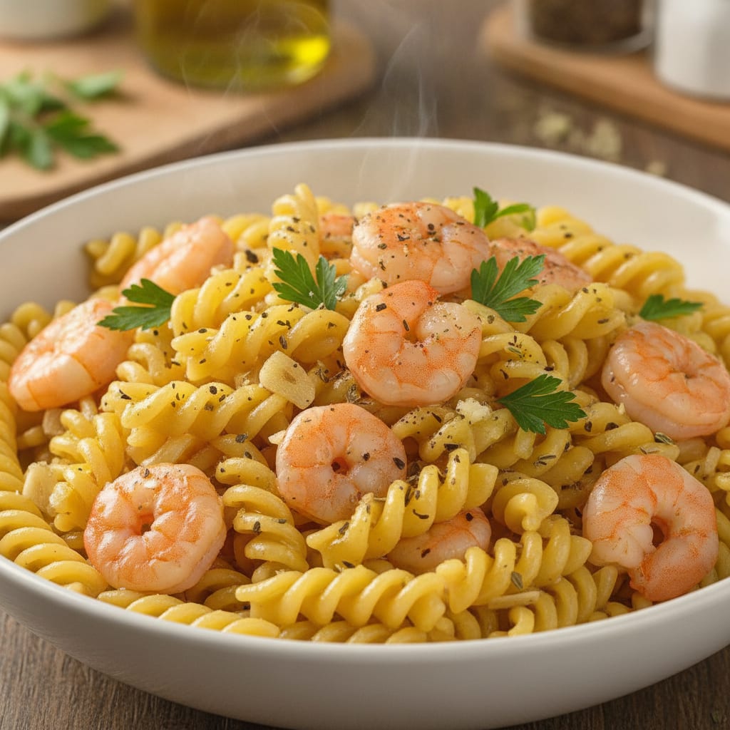 Massa tipo penne envolvida em molho brilhante de azeite e ervas, misturada com camarões rosados em prato fundo de cerâmica.