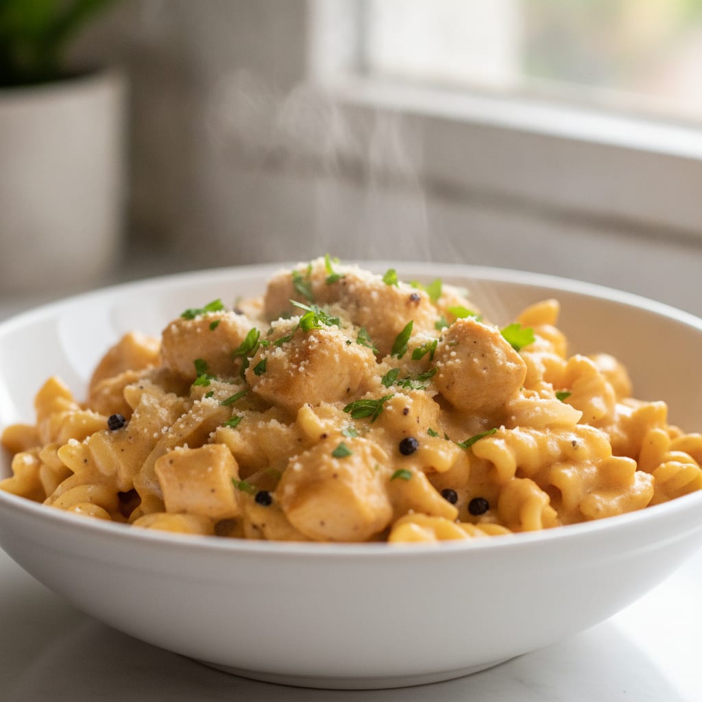 Massa penne envolvida em molho denso e cremoso com pedaços de frango dourados, finalizada com salsa picada e queijo parmesão.