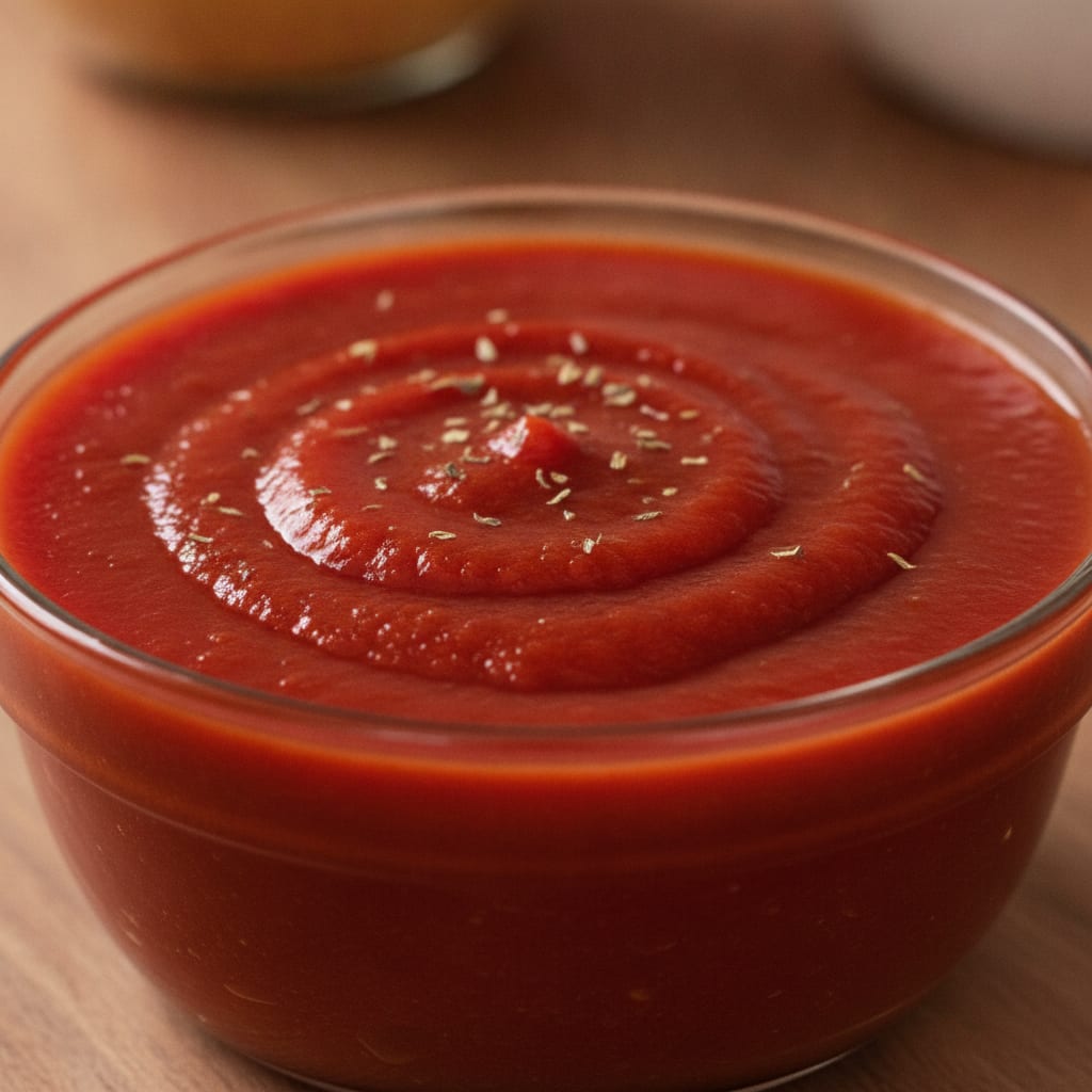 Molho de tomate vermelho e encorpado, com textura lisa e salpicado de finas partículas de orégano seco, servido dentro de uma tigela.
