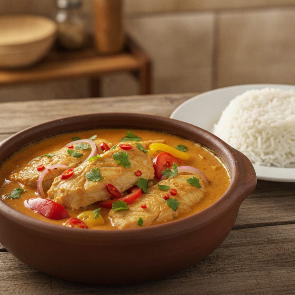 Moqueca de peixe em postas com molho alaranjado, pimentões e cheiro-verde na panela de barro, acompanhada por arroz branco.