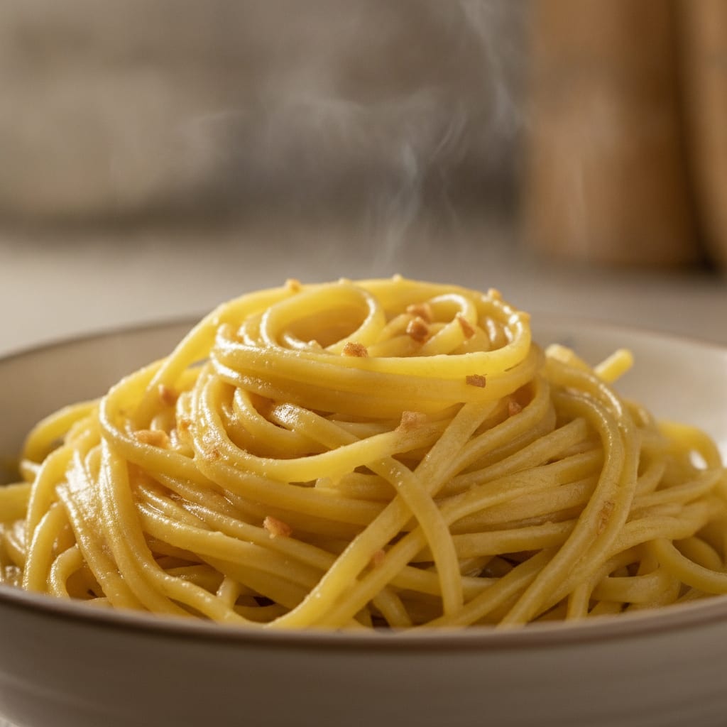 Noodles de ovo amarelos e brilhantes envolvidos em manteiga com pequenos pedaços de alho levemente dourado servidos em uma tigela.