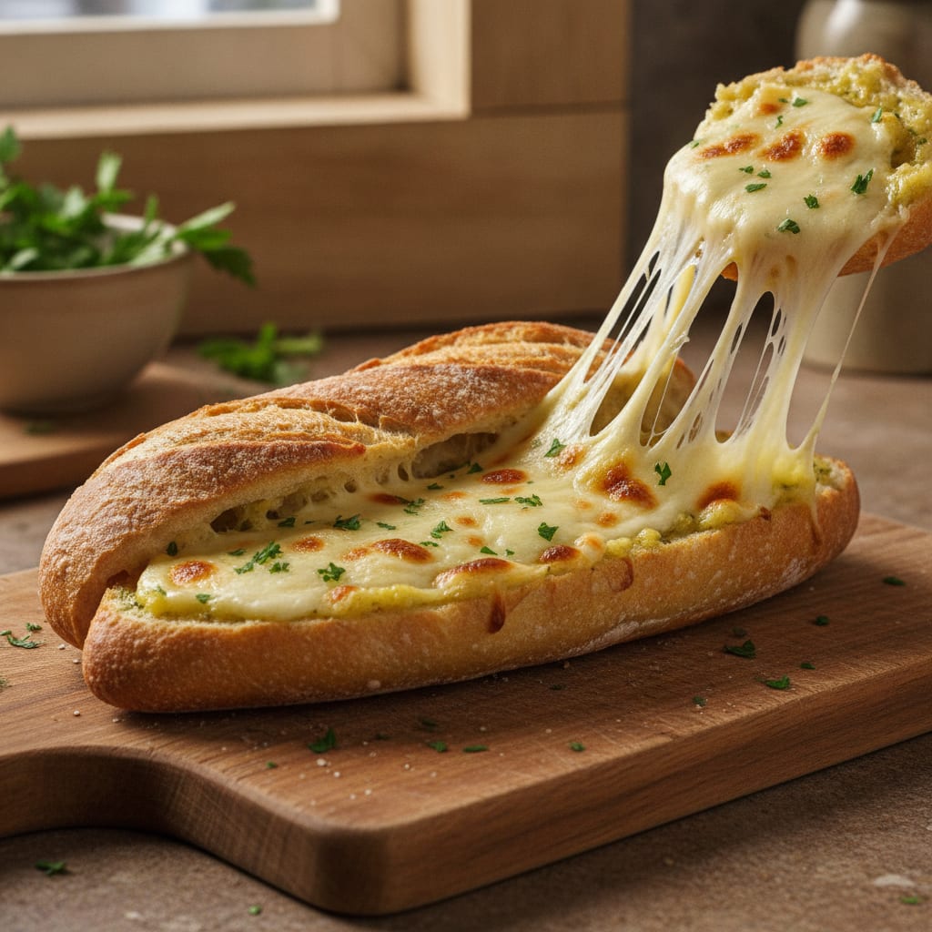 Pão francês assado e crocante, recheado com pasta de alho e salsinha, coberto por queijo muçarela derretido e levemente dourado.