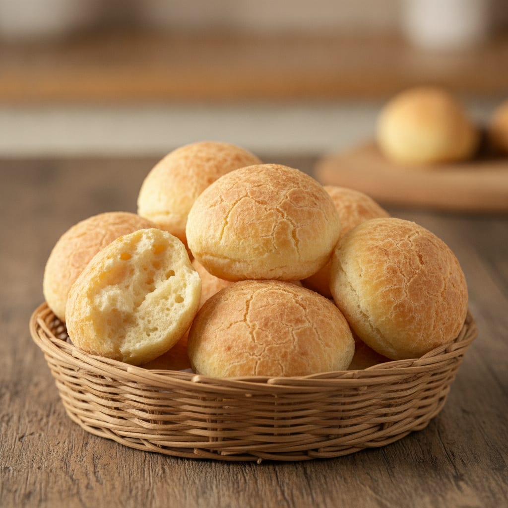 Pães de queijo assados e arredondados com casca levemente dourada agrupados sobre a mesa.