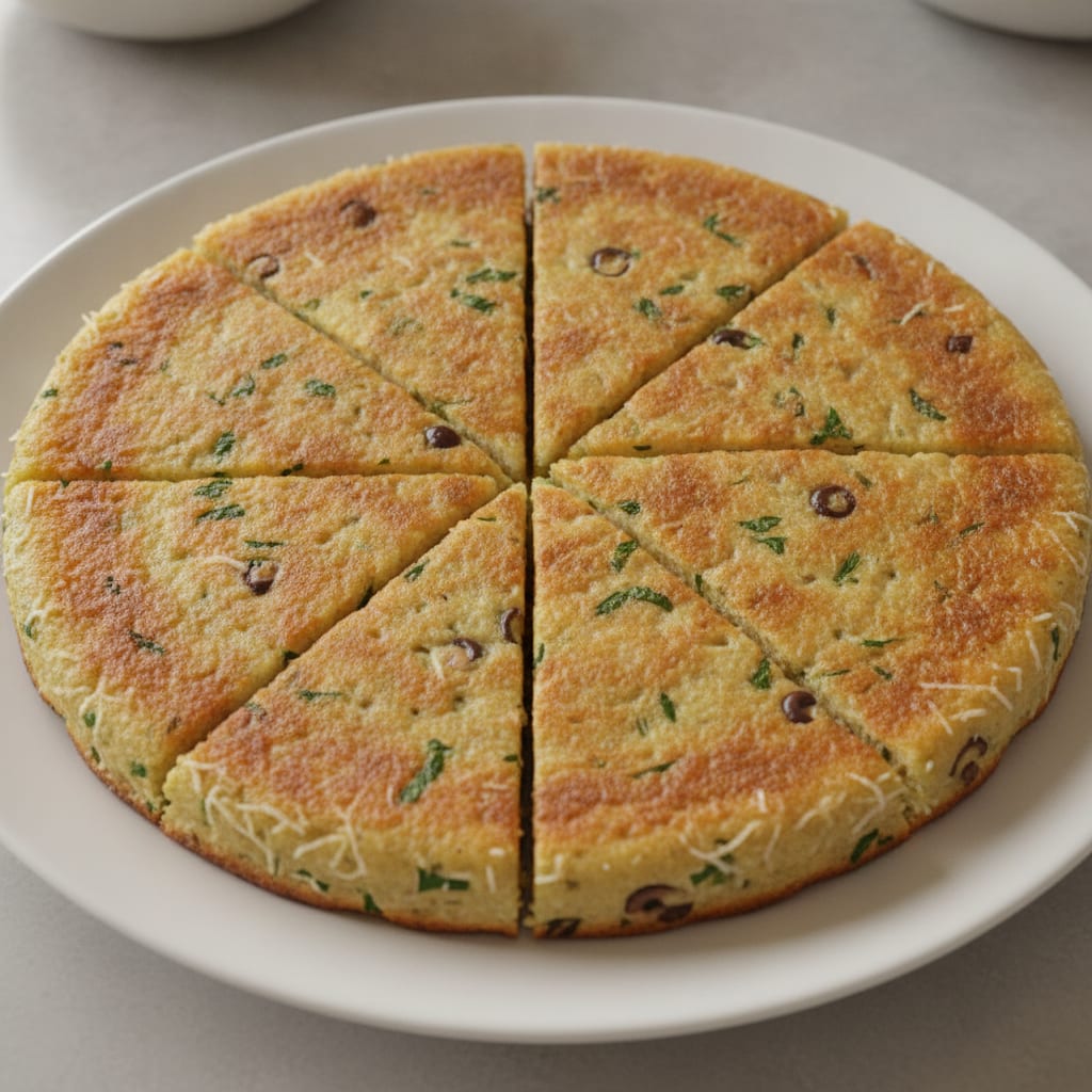 Pão redondo de frigideira com superfície dourada por igual, exibindo pequenos pedaços de azeitonas e ervas finas integrados à massa.